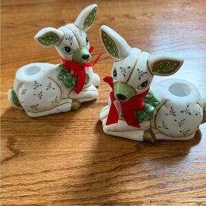 Lefton holiday patchwork fawn deer candleholders - set of 2